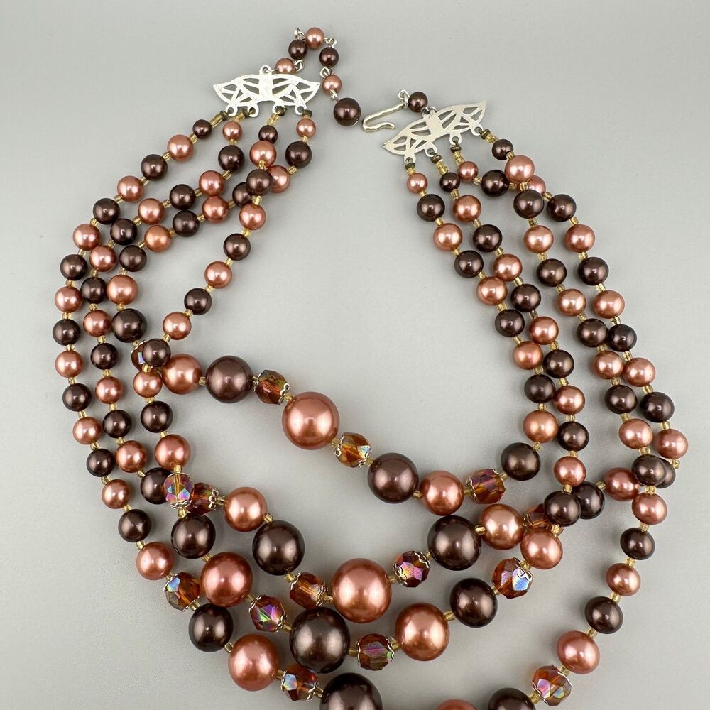Vintage Japan Faux Pearl Necklace Multi Strand Topaz Root Beer Color AB Beads - Picture 12 of 16